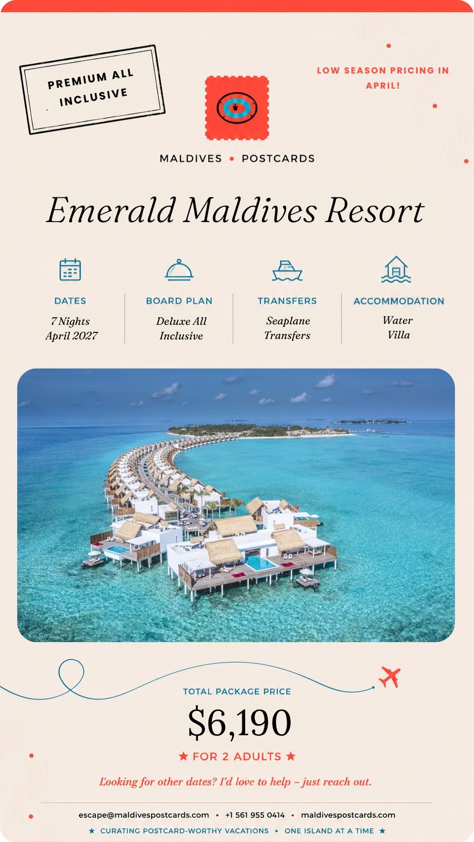 Emerald Maldives Resort: 7 nights in April 2027, Water Villa, Deluxe All Inclusive, Seaplane transfers. Total package $6,190 for 2 adults. Premium all-inclusive.